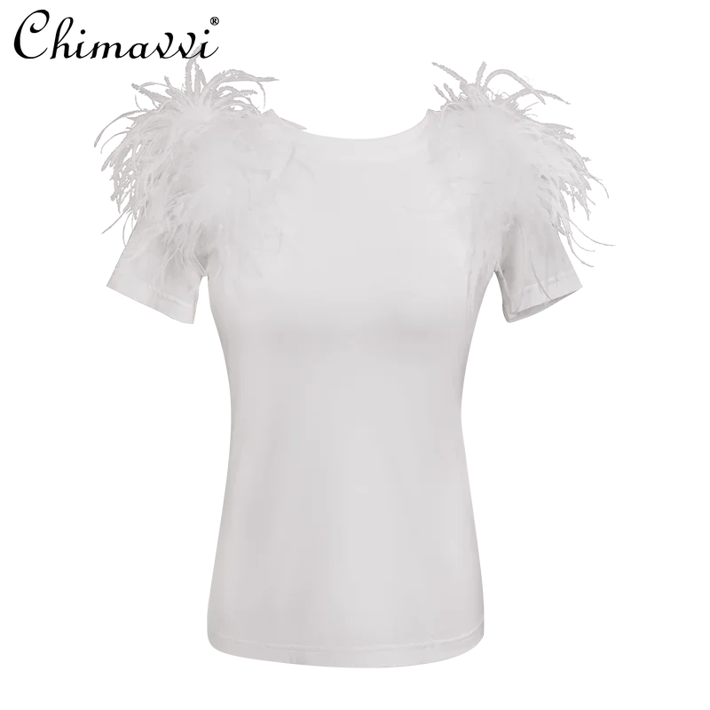 女性用タッセル付きヨーロピアンTシャツ,フェザートップ,スリム,フランスの有名人,マオマオ,春と夏の新しいファッション,2022