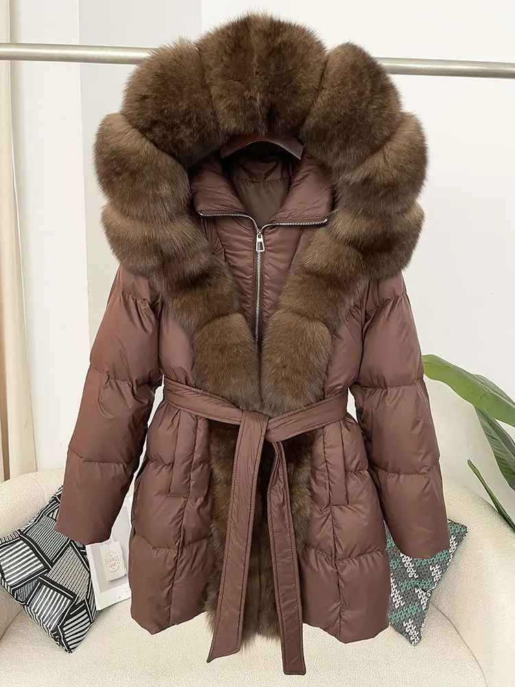 

2025 Winter Women Casual White Duck Down Outwears Coat Real Natural Fox Fur Collar Thick Warm Jacket Mid-length Streetwears
