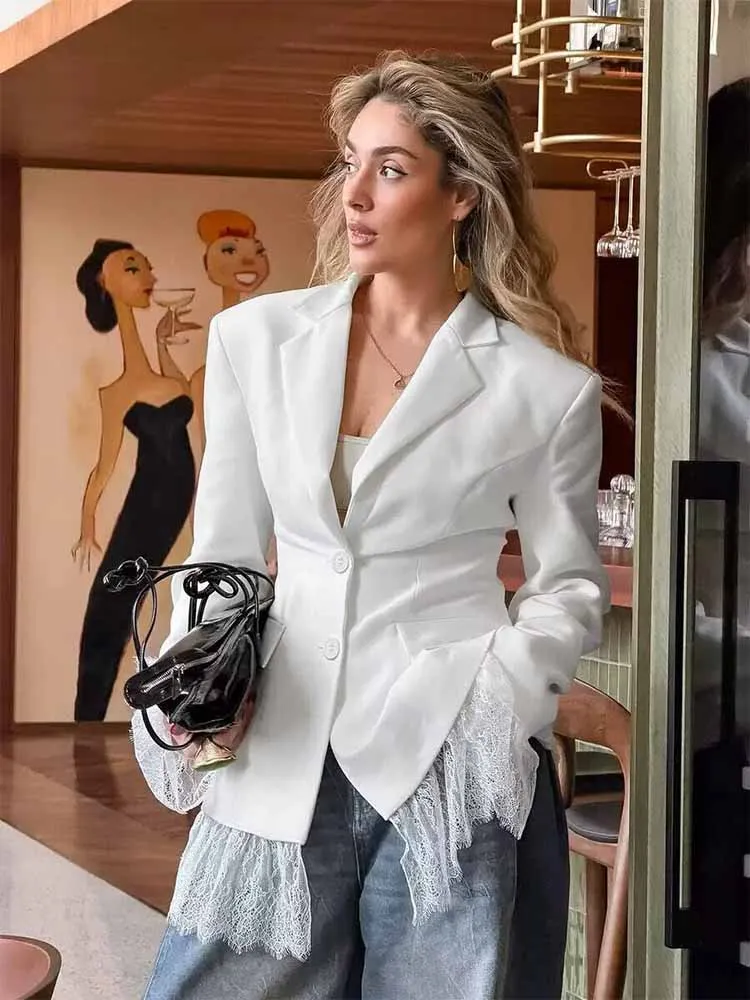 HH mujer principios de primavera moda manga larga un solo pecho encaje Patchwork decoración Blazer mujer Casual ajustado abrigo de desplazamiento