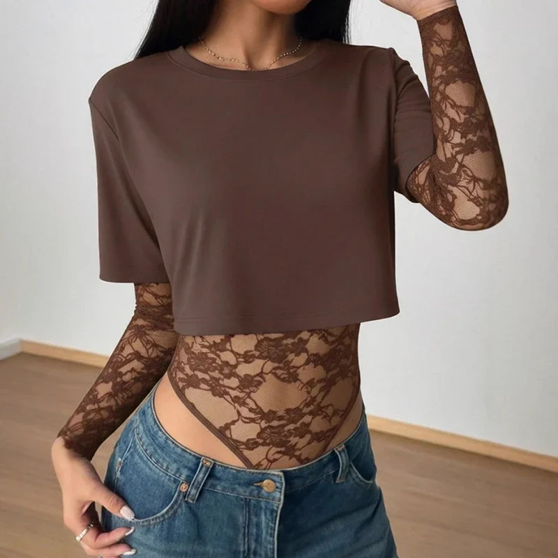 

Hollow Waist Slim Lace Bodysuits Women's Short Sleeved Sexy See Through Hot Girl Club Party Top 2026 Fashion Bodysuits