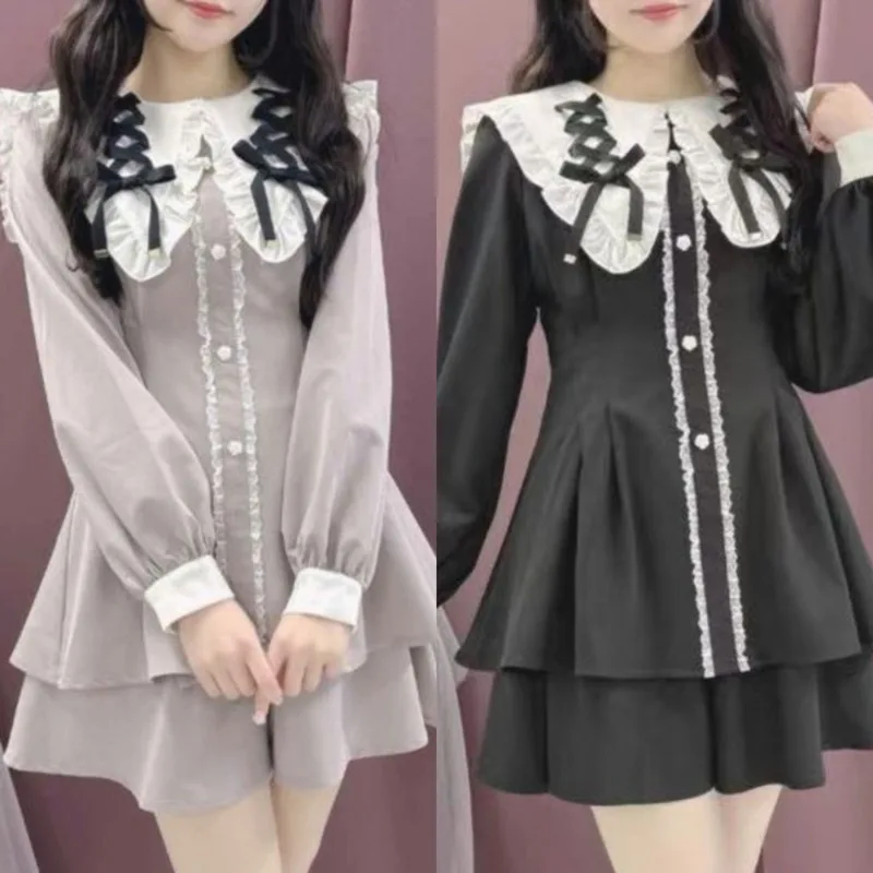 

Bow Dresses Set Y2K Japanese Landmine Lace Tie Bow Tie Sweet And Cute Button Lapel Shirt O-neck Shorts A-line Dresses Set New