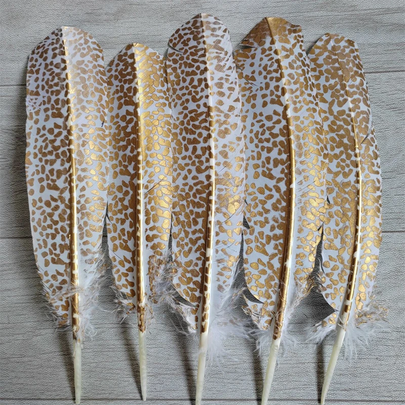 30Pcs/lot! 10-12inches 25-30cm White Turkey Quill Feathers with Gold Leopard Painted, Turkey Quills for Headdress Accessories