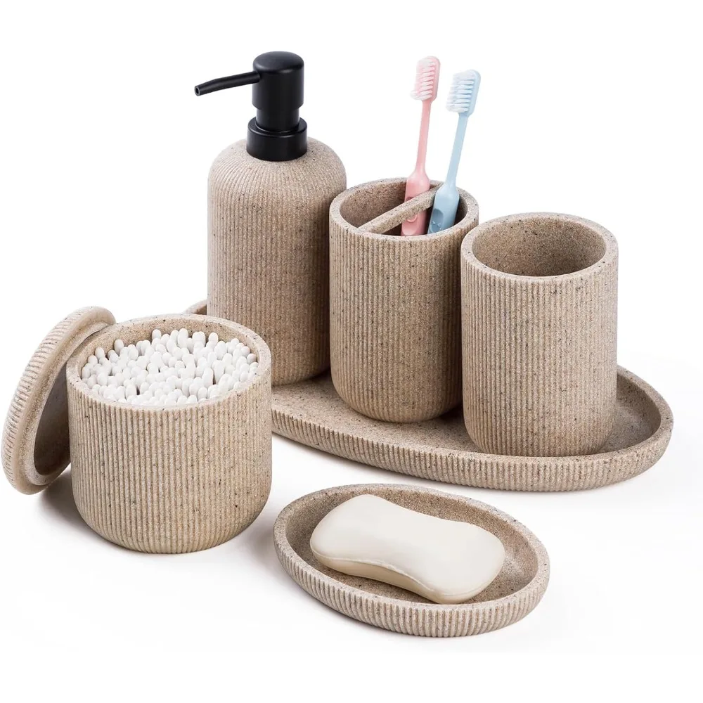 

Bathroom Accessories Sets 6 Pcs, Resin Bathroom Accessory Set, Toothbrush Holders Set, Soap Dispenser, Vanity Tray, Cotton Swab