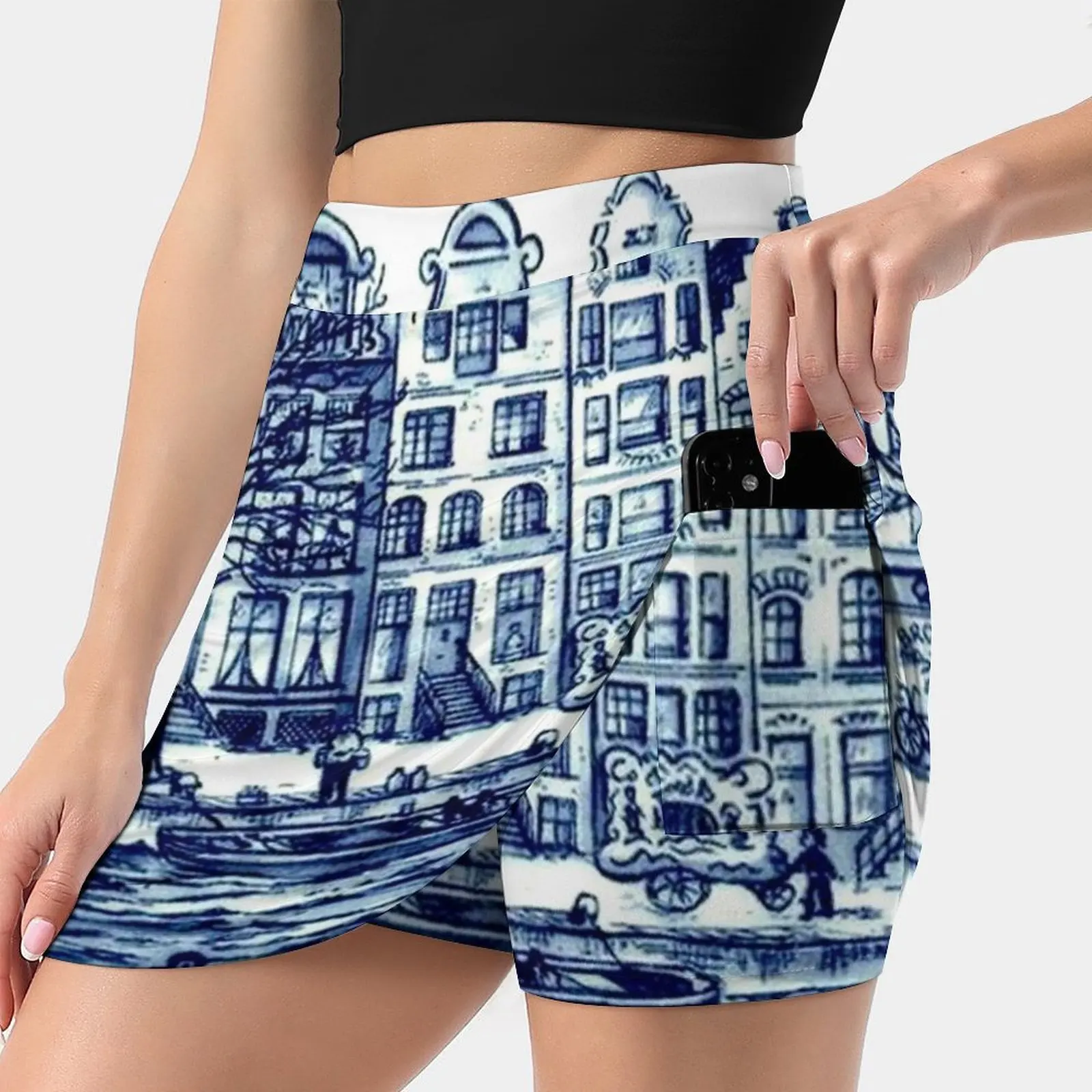 

Dutch Blue Delft : Vintage Boats In Canal Print Women's skirt Mini Skirts A Line Skirt With Hide Pocket Dutch Blue Delft Delft