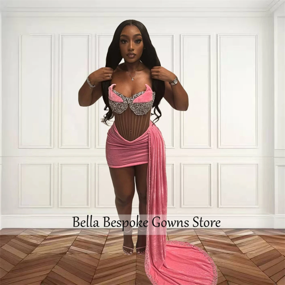 Pink Strapless Pleats Short Prom Dresses For Black Girl Bead 2024 Birthday Luxury Dress Mini Cocktail Homecoming With Side Train