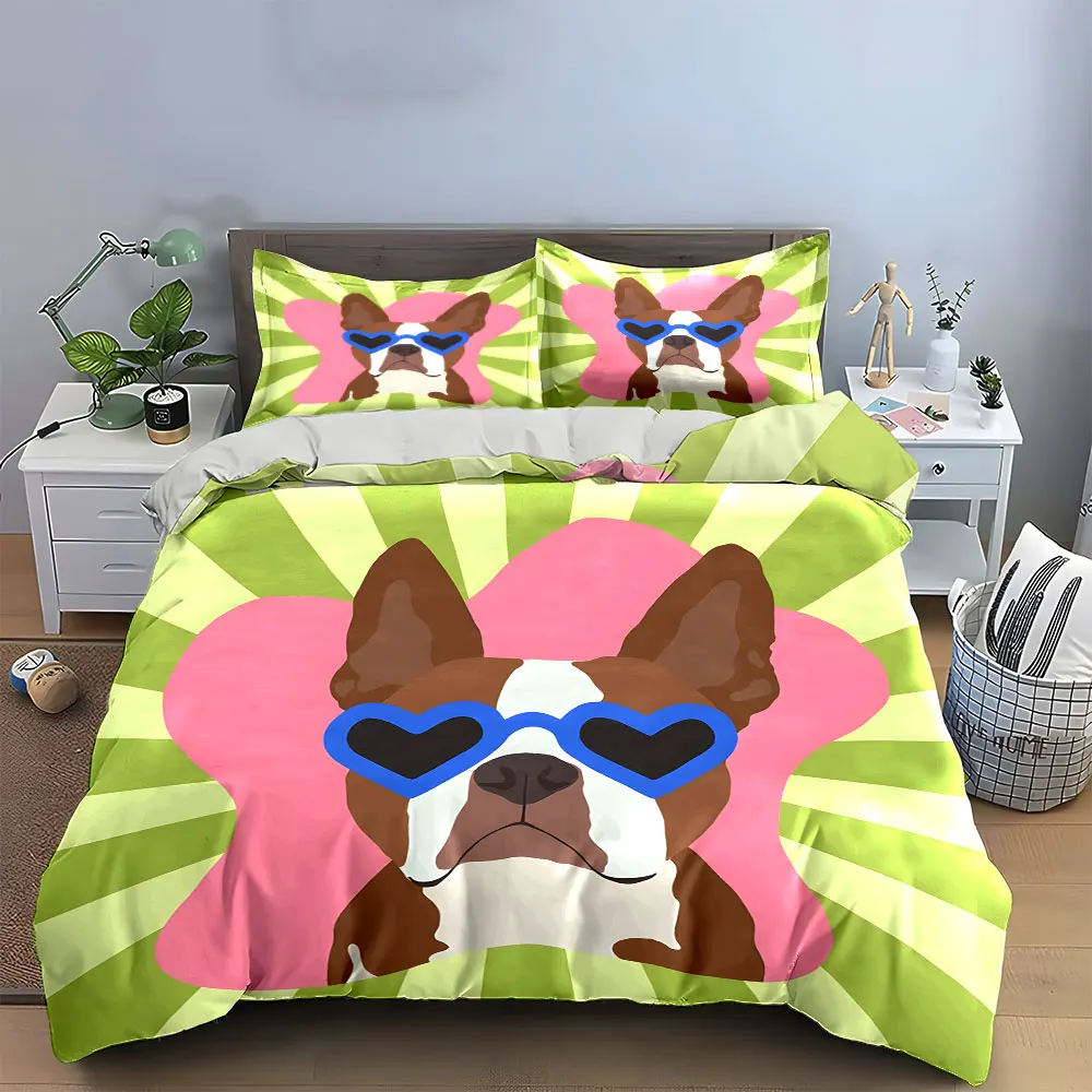 Boston Terrier Heart Sunglasses Duvet Cover Set, Retro Sunburst Pop Art Bedding Includes 1 Duvet Cover And 2 Pillowcase, Gift