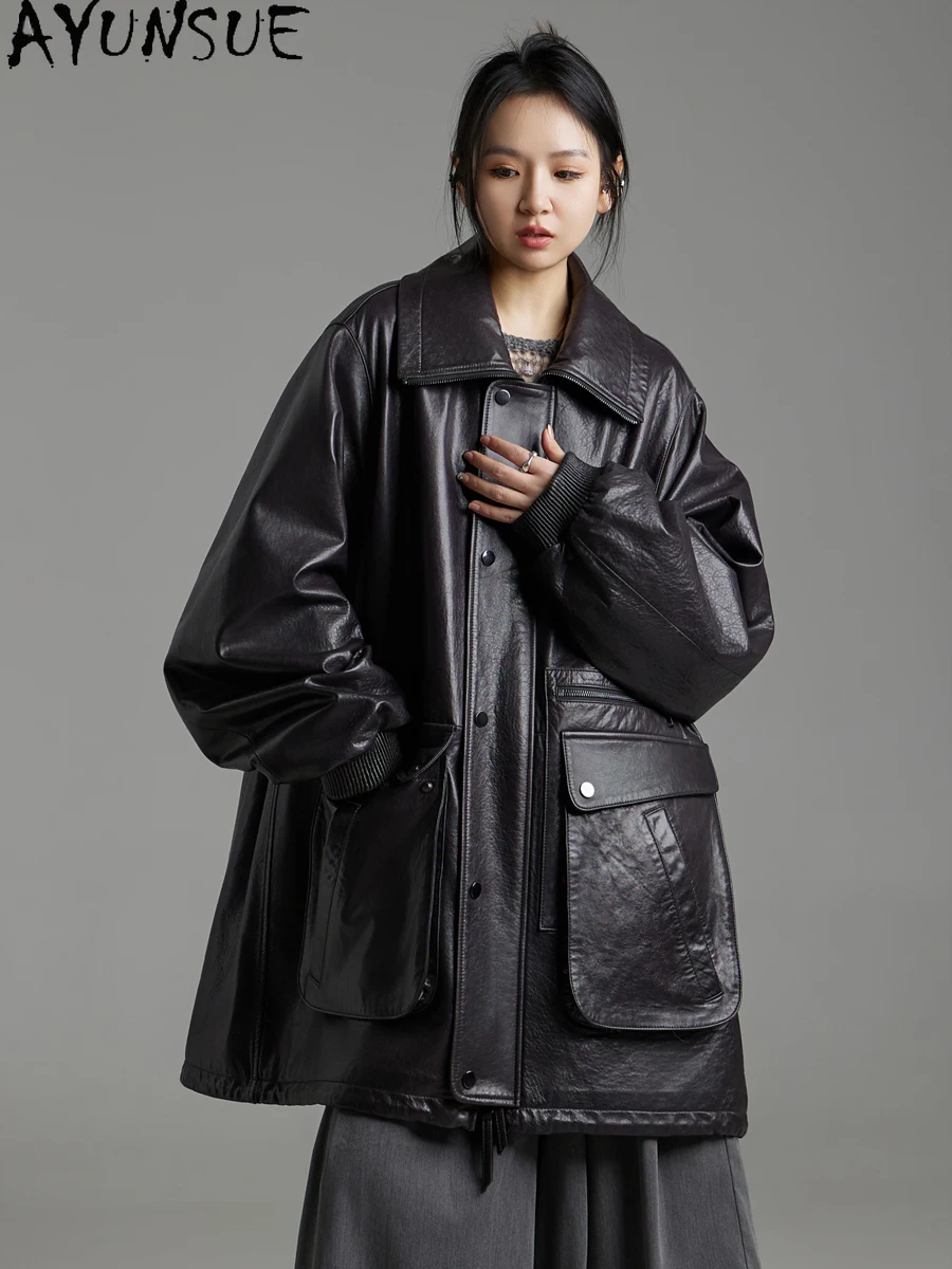 AYUNSUE Echtes Leder Jacke Frauen 2025, Echt Schaffell Frauen Mäntel Herbst Kleidung Mid-länge Graben Mantel Jaqueta De Couro
