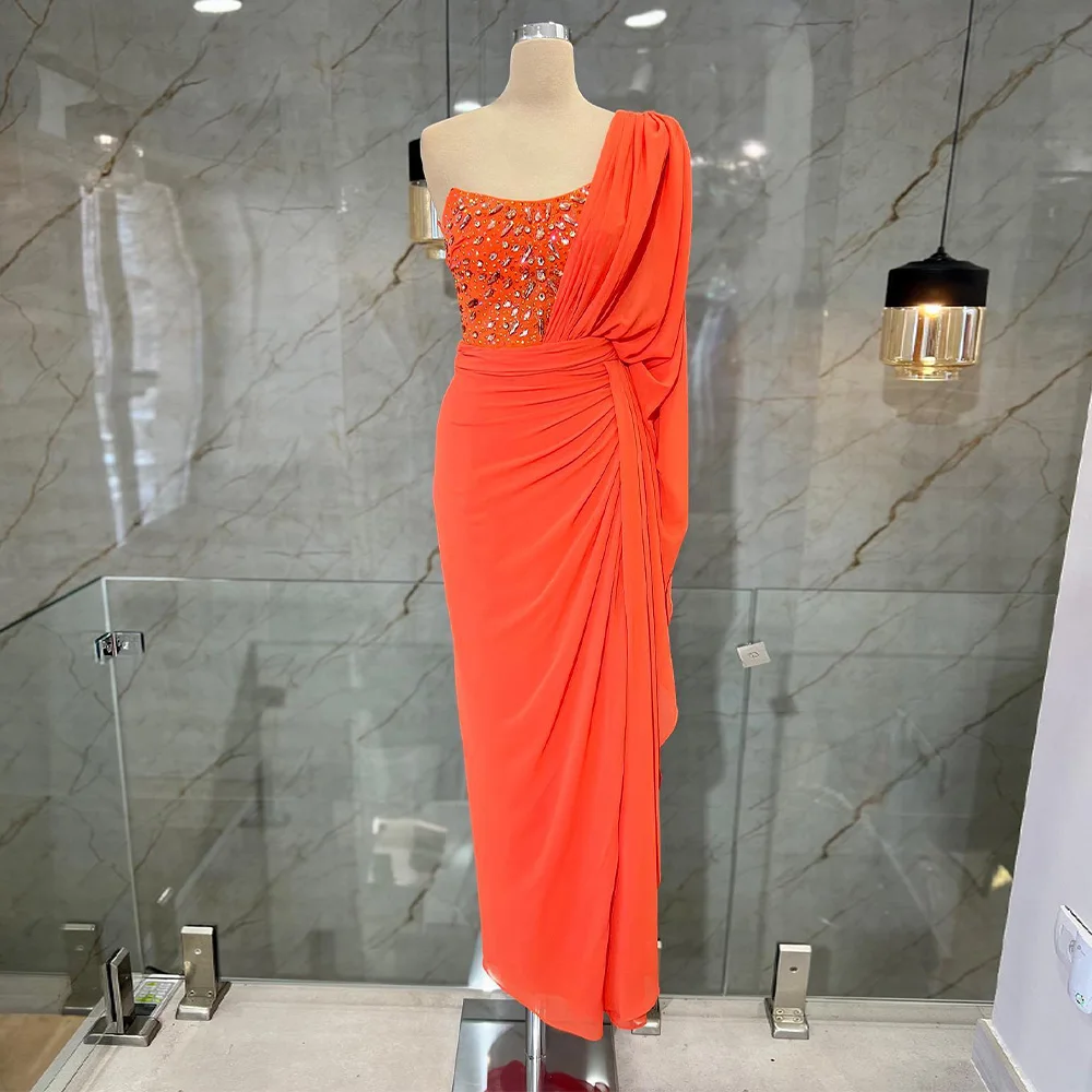 

Orange Evening Dress Ankle Length One Shoulder Column Women's Gowns Midi Crystal High Slit Chiffon Luxury Prom Dresses