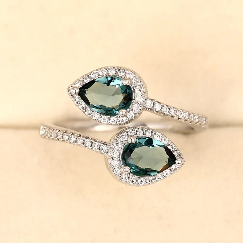 Classic Female Rings  925 Sterling Silver Water Droplet Blue Zircon Adjustable Rings for Women Promise Love Wedding Jewelry