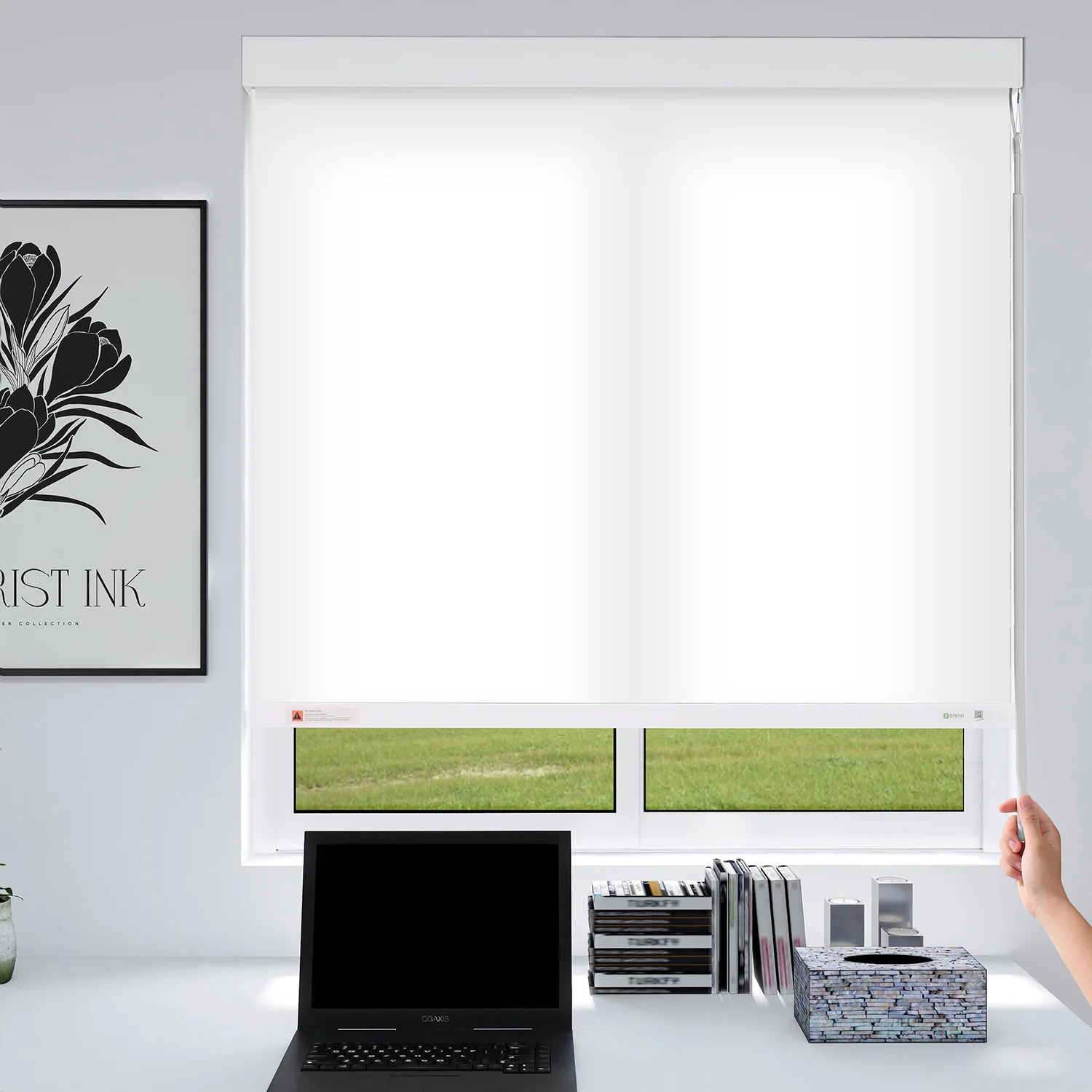 zshine Rechargeable Motorized Window Roller Shades with Control Rod Light Filtering Fabric with Valance