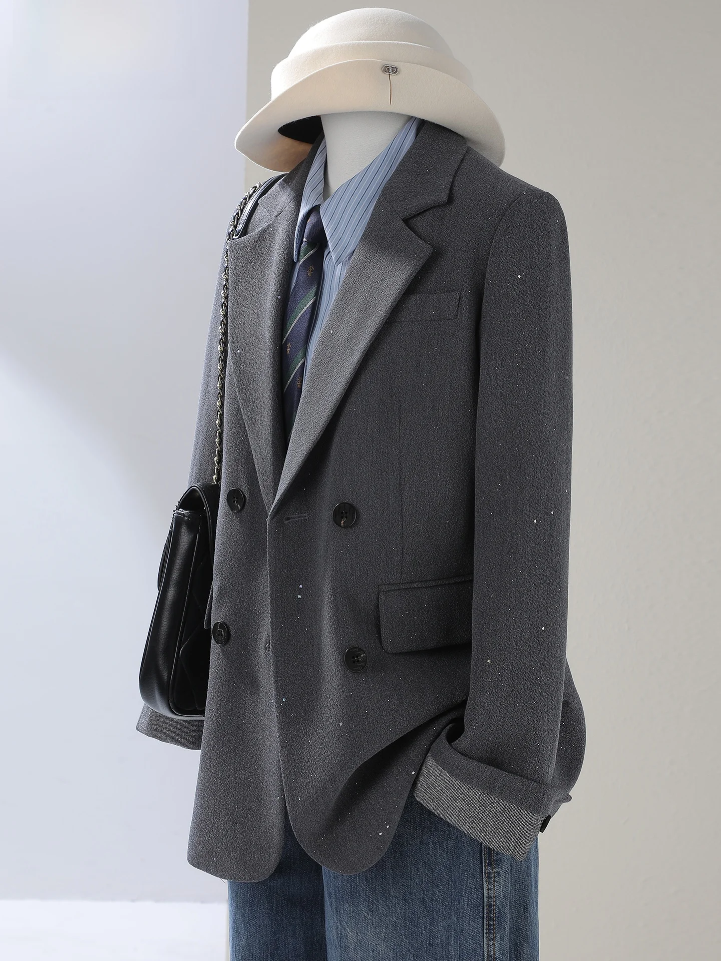 

ay Suit Jaet Women's Loose Casual Ele Sequin Busin Commute Sle Long Sve Double Button Closure Faion Top