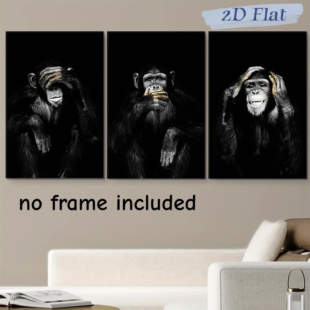 Lot de 3 tableaux décoratifs modernes et minimalistes en toile, motif chimpanzé en 2D, art animalier pour décoration murale de salon B
