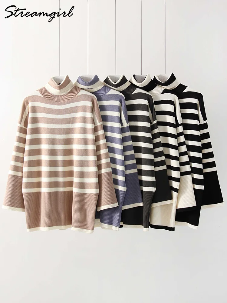 Blue Turtleneck Striped Sweaters Women 2024 Winter Luxury Knit Pullovers Loose Knitwear Ladies Jumpers Warm Knited Sweater Women