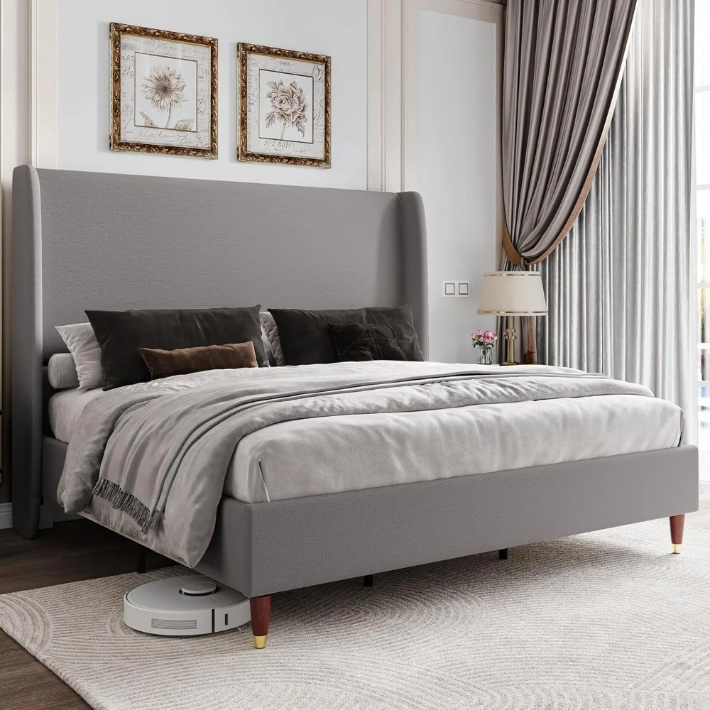 

Platform Bed Frame, with 51.2" Tall Wing back Headboard–Solid Wood Legs, No Box Spring Needed, for Any Bedroom,Bed Frame