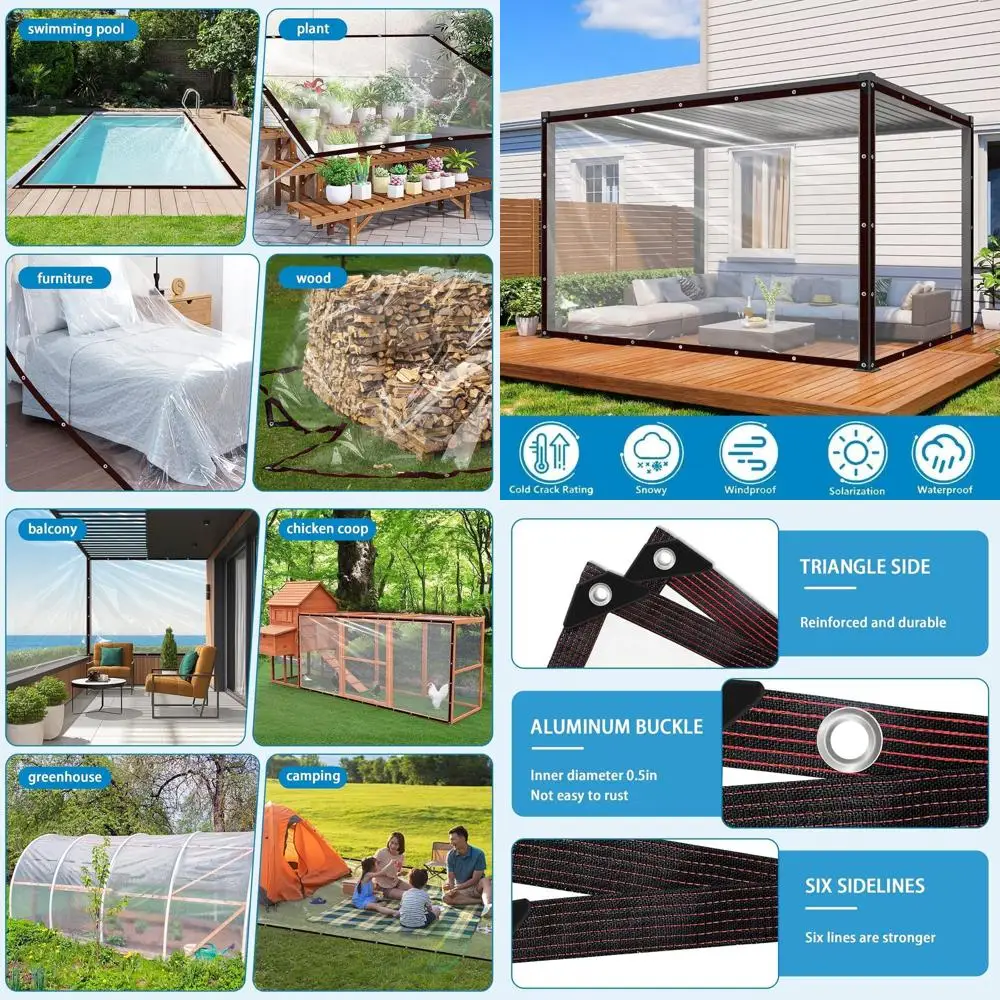 قماش القنب PVC الشفاف عالي التحمل مقاس 7 × 12 قدم مع حلقات للحماية في الهواء الطلق والحديقة والفناء