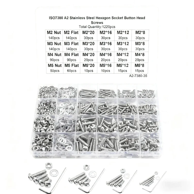 1220Pcs M2 M3 M4 M5 screw set stainless steel Hexagon Hex Socket cap Button Head Screw Washer nut with wrench Kit for fpv drones