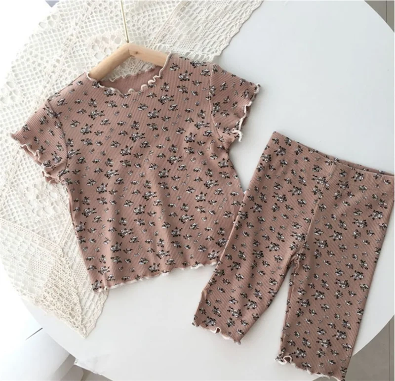 Girls' Pajamas Set New Summer Casual T-Shirt Outfits Children Short-Sleeve Floral Print Suit Kids Top+Pants 2Pc 1-8 Years