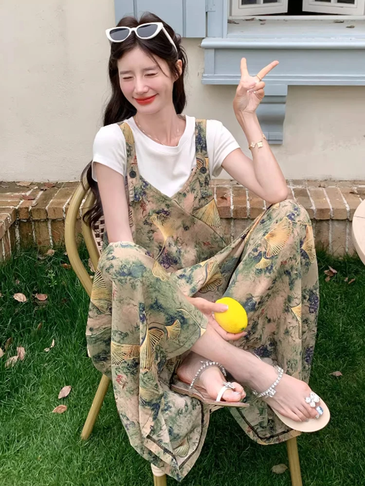 

Летний комбинезон 2025 с цветочным принтом, широкими штанинами, женский, тонкий, в стиле ретро, гонконгский стиль, с высокой талией, брюки-карго, удобный крой