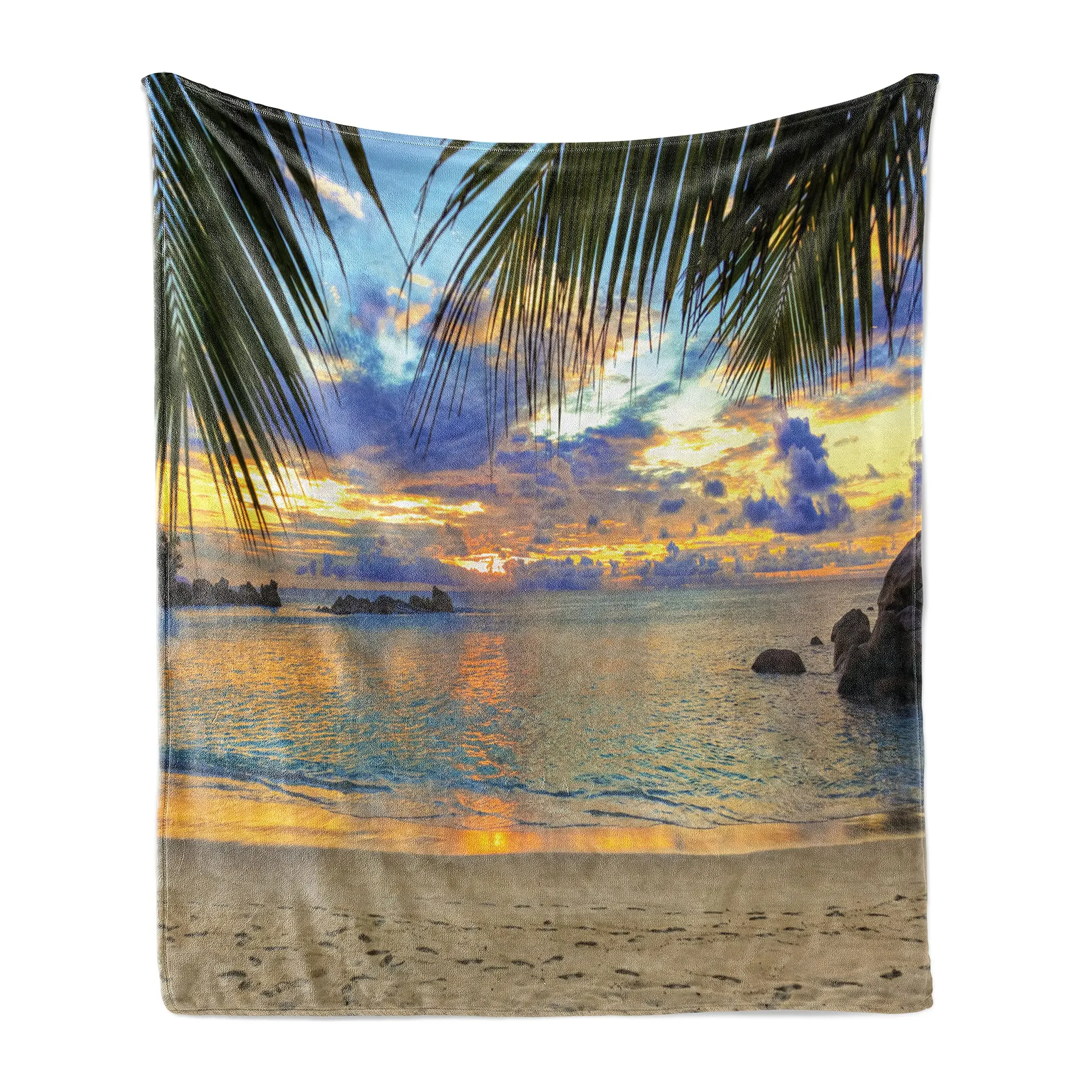 Hawaiian Soft Flannel Throw Blanket,Coconut Palm Tree and Lawn on The Sandy Poipu Beach In Hawaii Kauai Print Cozy Plush Blanket