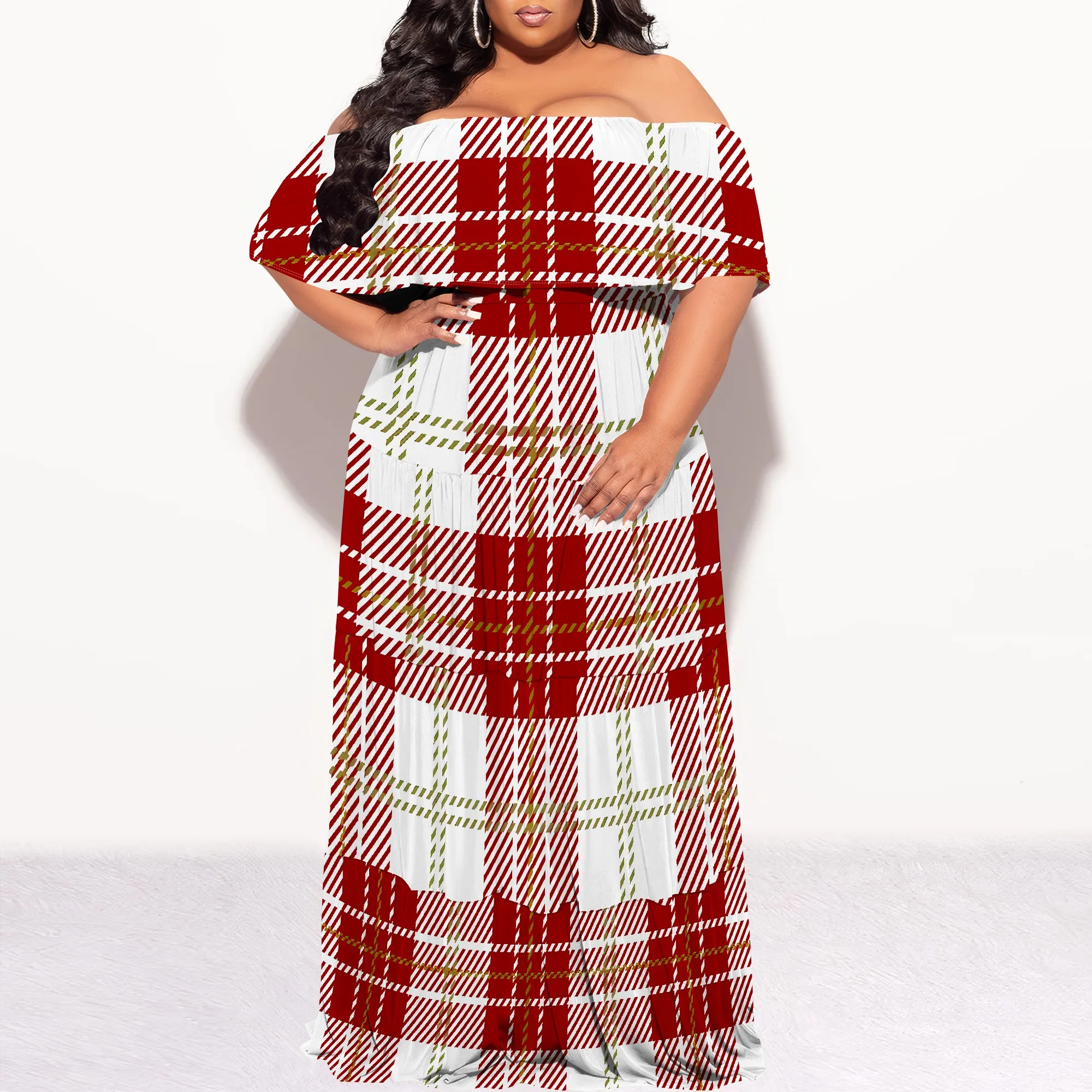 

Plus Size Plaid Maxi Dress Off Shoulder Red Checkered Tiered Skirt Summer Holiday Outfit