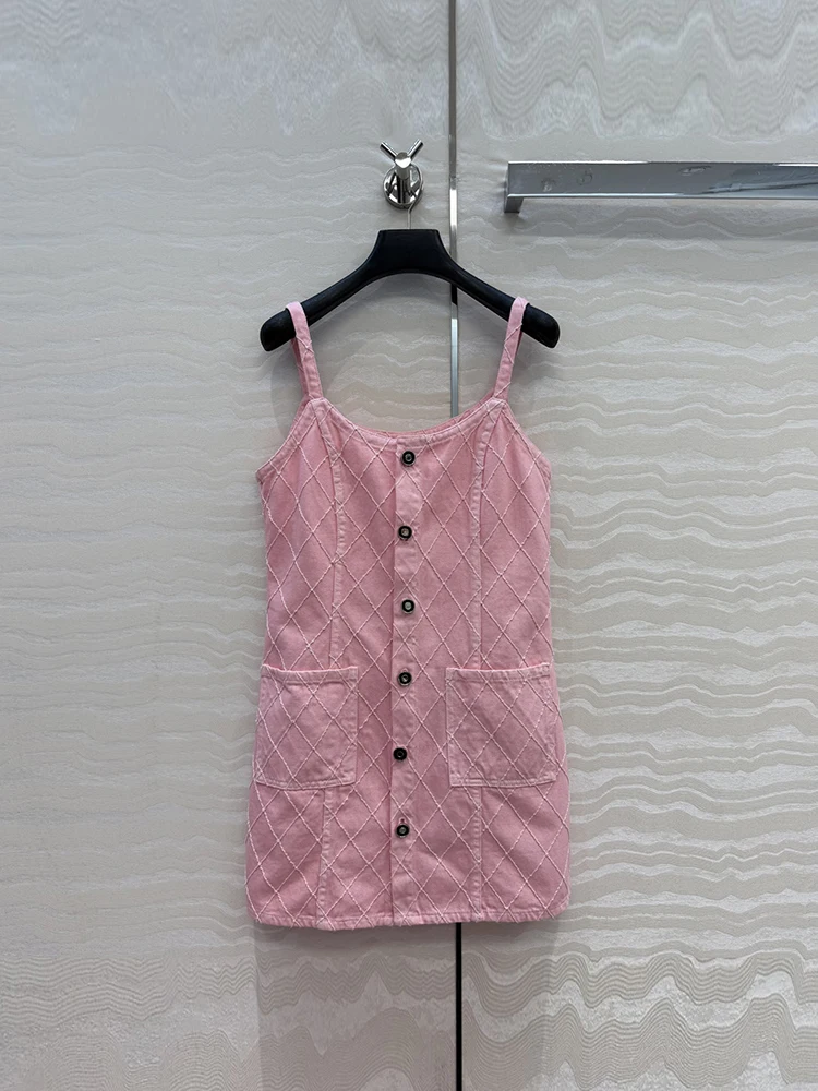 Spring Summer Fashion Pink Slim Mini Cowboy Pencil Dress Women's Spaghetti Strap Pocket Sewing High Waist Short Dresses