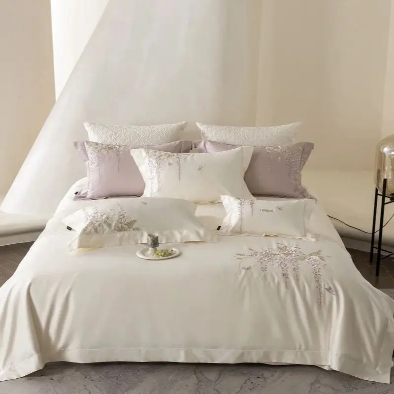 Flowers Embroidery Luxury Bedding Set Brocade Egyptian Cotton Soft Silky Duvet Cover Bed Sheet/Fitted Sheet Pillowcases 4Pcs