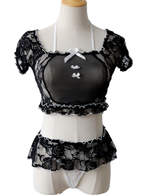 Nachtclub Erotische Nieuwe Kant Sexy Dames Schattig Zacht Meisje Gaas Rok Set Strik Zoete Charme Laag Getailleerd Van De Taille Design Ylpc