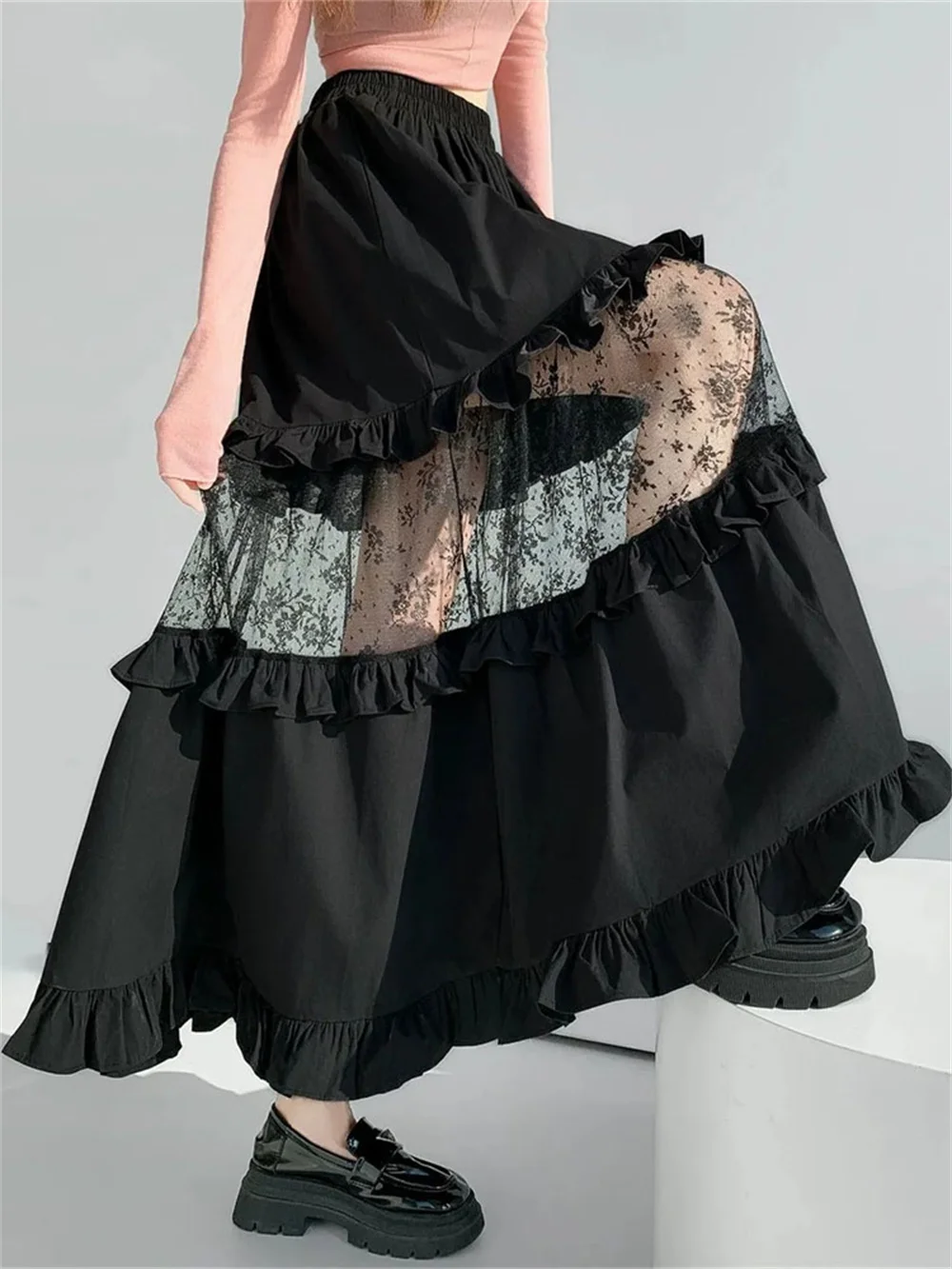 

Black White Lace Trimmed Ruffled A-line Midi Skirt Women Elastic High Waist Elegant Loose Long Pleated Skirt Lady New Arrival