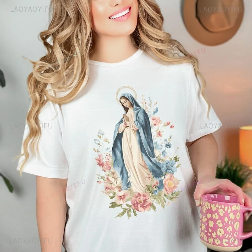 St Mary Virgin Mary Catholic Mother of God T-shirt Casual Fashion Loose Harajuku Women Streetwear O-neck Short Sleeve Man Tshirt