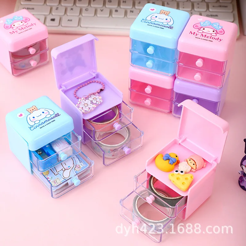 12Pcs Sanrio Hello Kitty Storage Box Cartoon Cinnamoroll My Melody Kuromi Double Layer Jewelry Stickers Organizer Box Wholesale