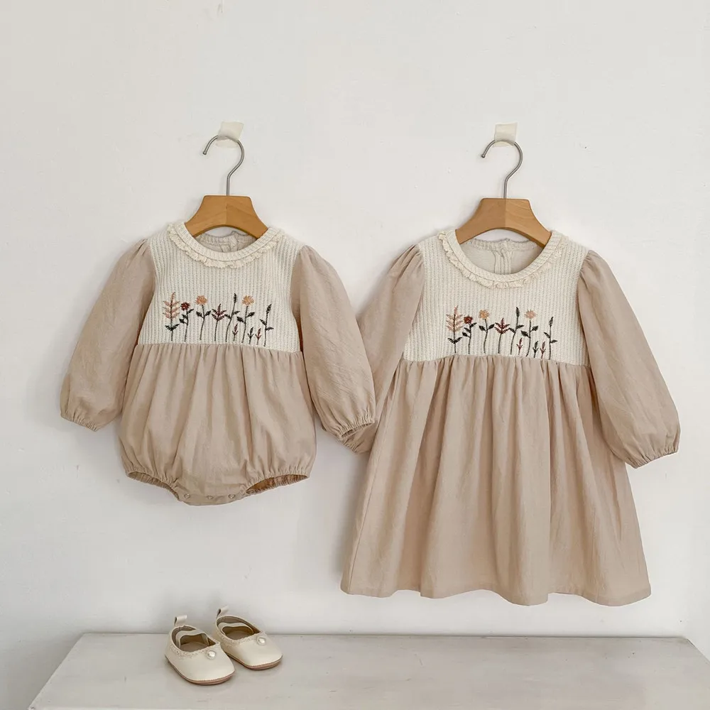 

toddler clothes kids girls dress baby dresses cotton Vintage floral embroidery knitted patchwork dress ﻿