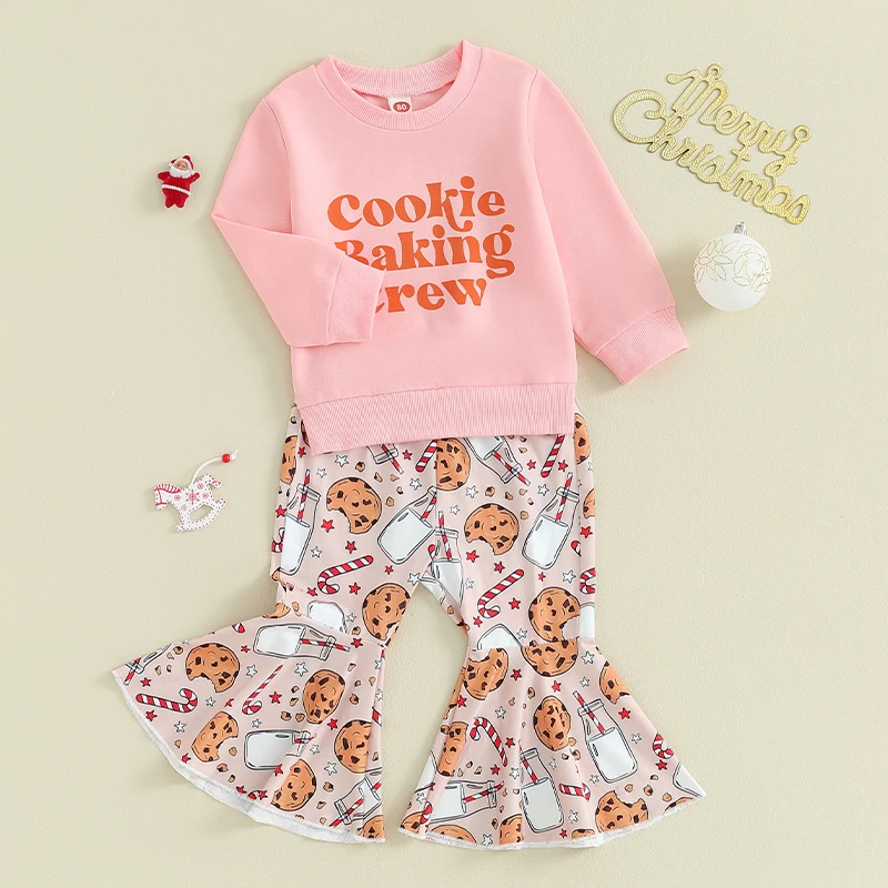 2023-09-05 Lioraitiin 6M-4Y Toddler Baby Girls Christmas Outfits Long Sleeve Letter Sweatshirt and Cookies Flared Pants Set Suit