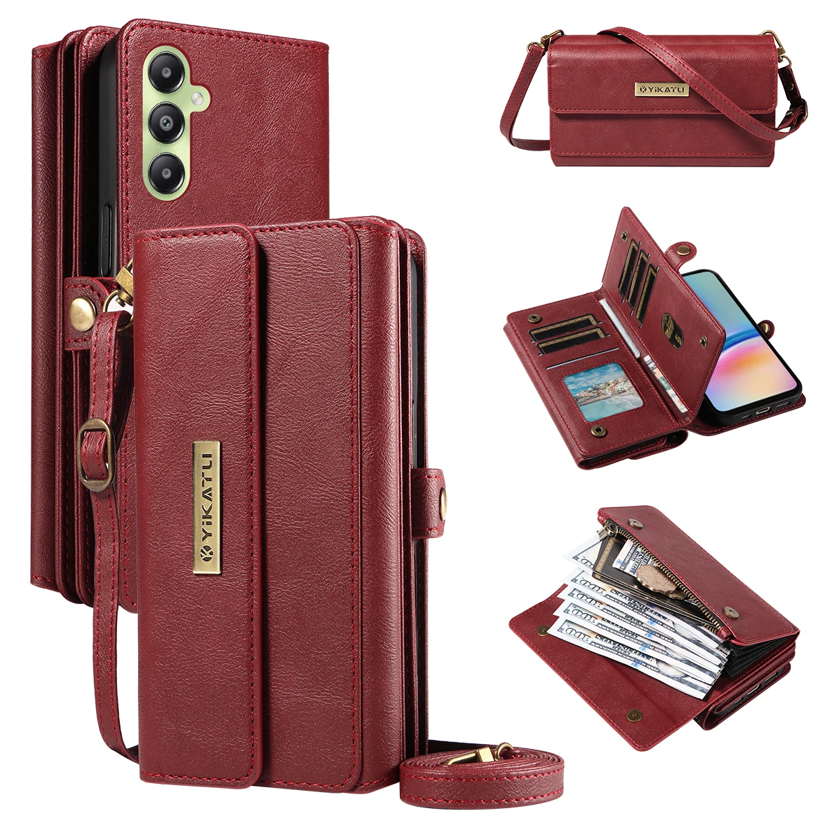 

Для Samsung Galaxy A05s 4G чехол YIKATU YK-008 кошелек на молнии кожаный чехол для телефона с плечевым ремнем - красный