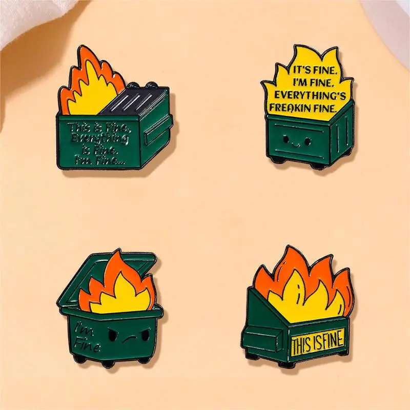 4pcs Cute Cartoon Trash Can Catch Fire Enamel Brooch Creative English Letter Lapel Pin Badge Backpack Clothing Hat Accessories