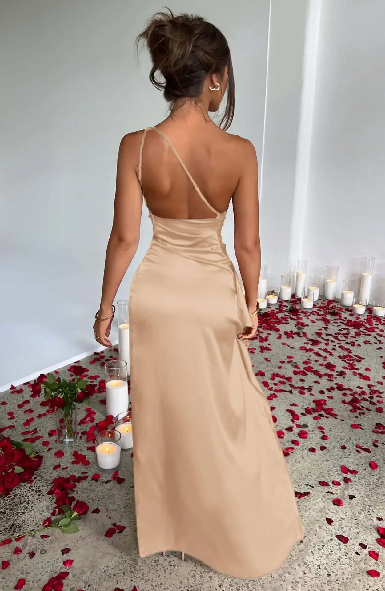 2025 Summer Women's Sexy One Shoulder Dress Satin High Split Cocktail Fit Wedding Party Maxi Formal Sleeveless Backless Dresses