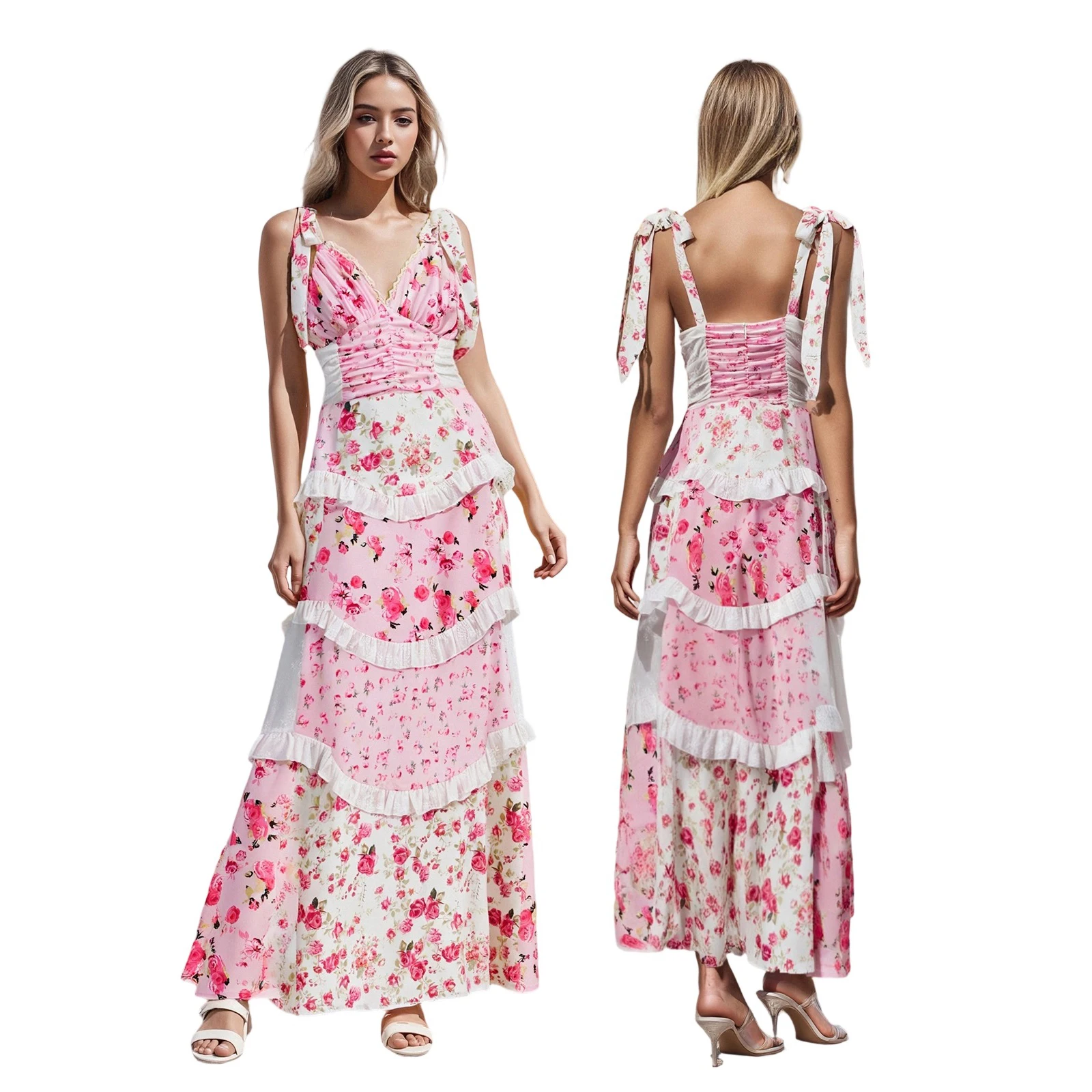 2025 เซ็กซี่ผู้หญิงดอกไม้ Cami Deep V คอ Tie ไหล่ Backless A-Line ยาว Layered Ruffle Slim ชุดยาว