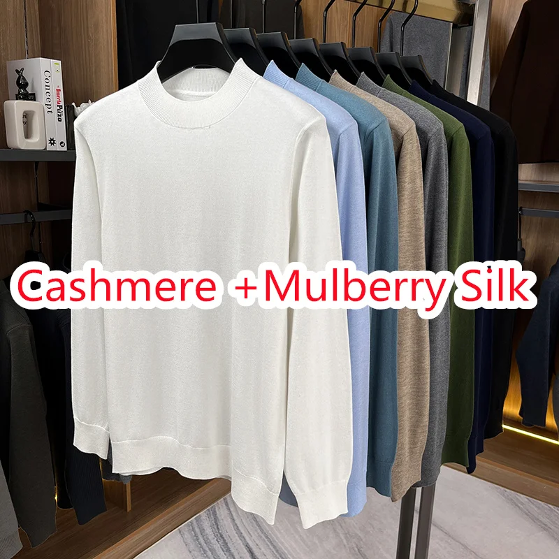

High Grade Cashmere 4.1% Clothes Tops 2025 Autumn Casual O-Neck Thin Knit T-shirt Long Sleeve Men Mulberry Silk Wool Knitwear