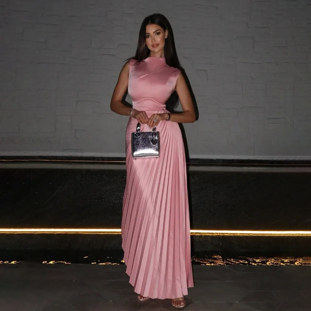 تخصيص جودة عالية عالية طوق التجاعيد أكمام الوردي طول الكاحل النساء Abiye Uzun Elbise Modelleri فساتين نسائية ماركة
