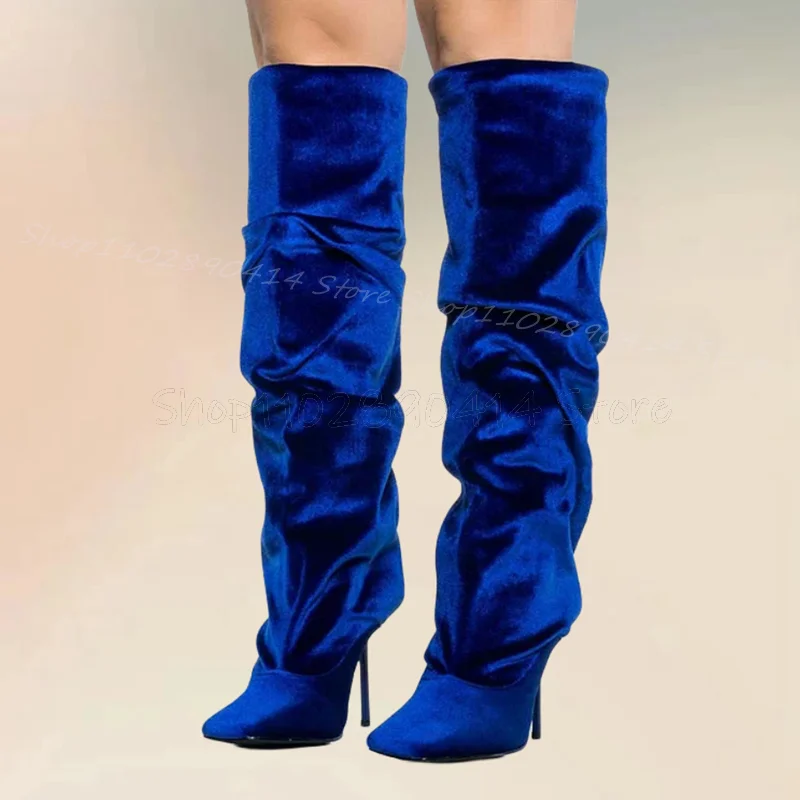 Blaue Cord quadratische Zehen Landebahn Stiefel Slip auf Frauen Schuhe dünne High Heels Roman Mode Party Bankett 2024 Zapatos Para Mujere