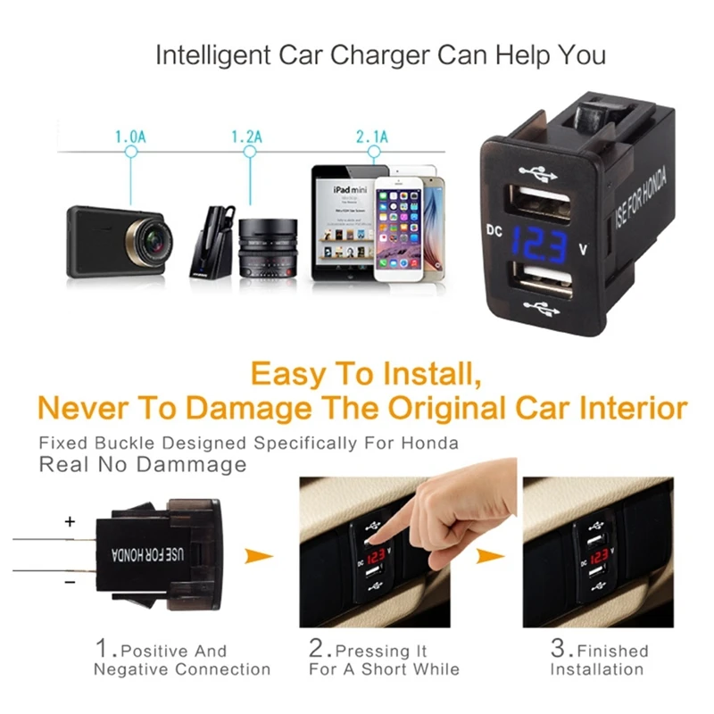 12V-24V Car Charger Dual USB Charger With Voltage Waterproof Mobile Phone Charger For Honda