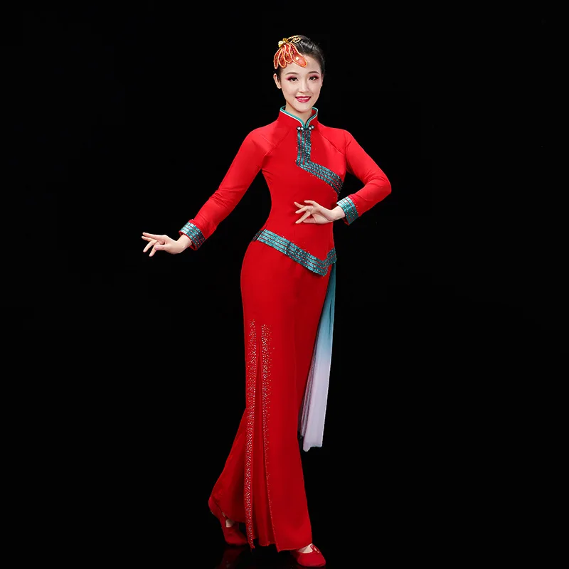 Costumes de spectacle de danse ethnique Yangge, vêtements de danse traditionnelle rouge du nouvel an chinois, tenue élégante de danse folklorique chinoise
