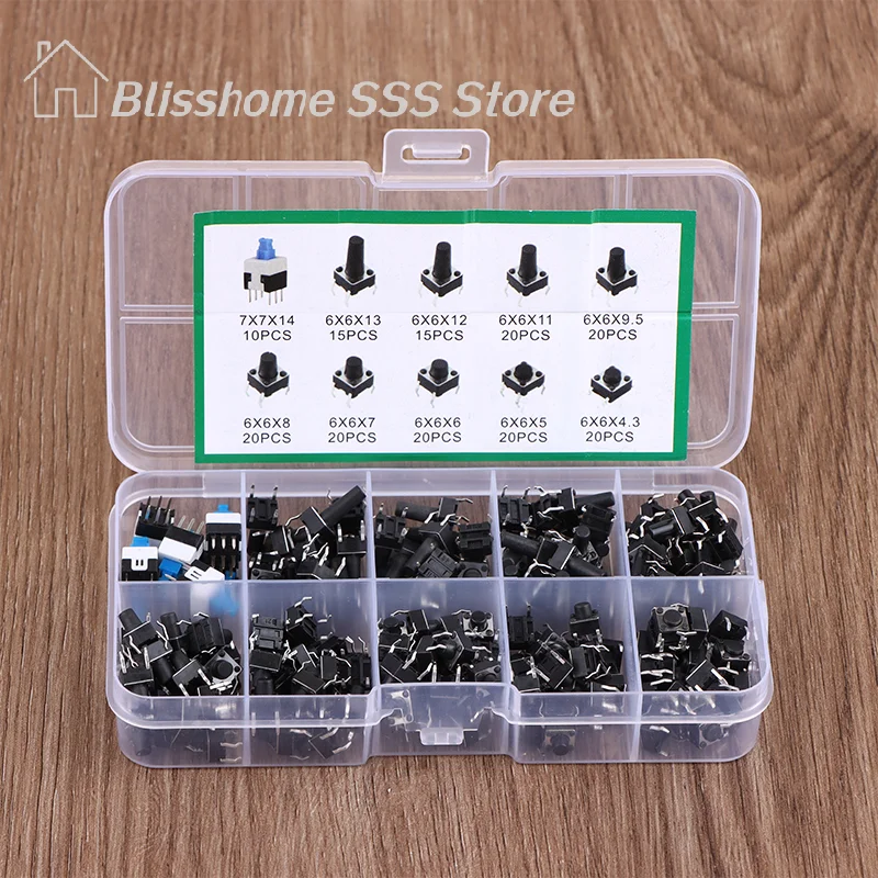 【S】10 Values 180Pcs Tactile Push Button Switch Momentary Tactile Tact Mini Switch Kit 6*6 4.3-13MM 7*7mm Momentary Switch