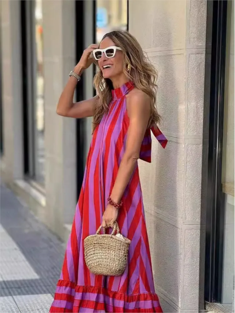 

Fashion Print Halter Neck Backless Long Dresses Women Summer Casual Loose Beach Vacation Dress Female Trendy Streetwear Vestidos