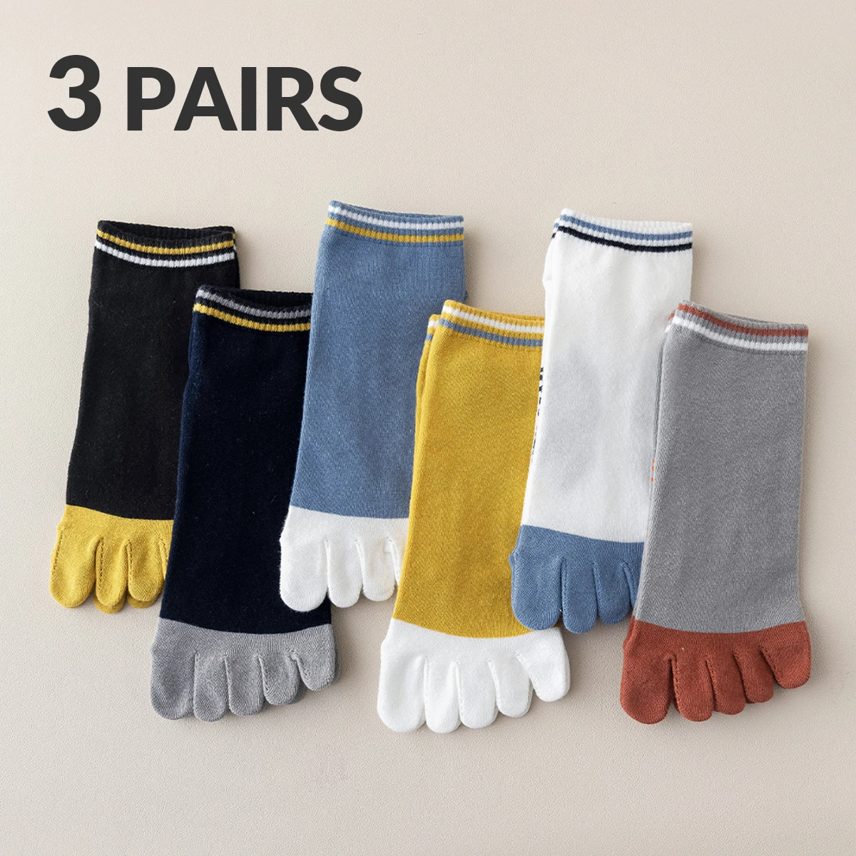 3-Pair Men's Cotton Spring Autumn Color Blocked Letter Slogan Fashion College Style Sports Breathable Summer Five Finger Socks