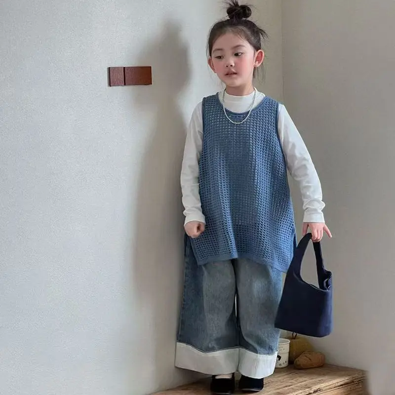 

2 Piece Set Korean Children's Clothing 2026 Spring Girls Lazy Loose Knit Vest Long Sleeved T-shirt Kids Top Suit