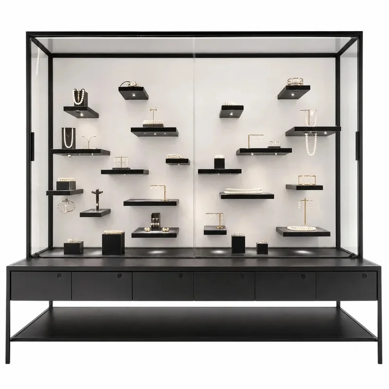 custom.Luxury Stainless Steel Jewelry Display Cabinet LED Lighting Glass Showcase Customizable Dimensions Eco-Friendly Durable D
