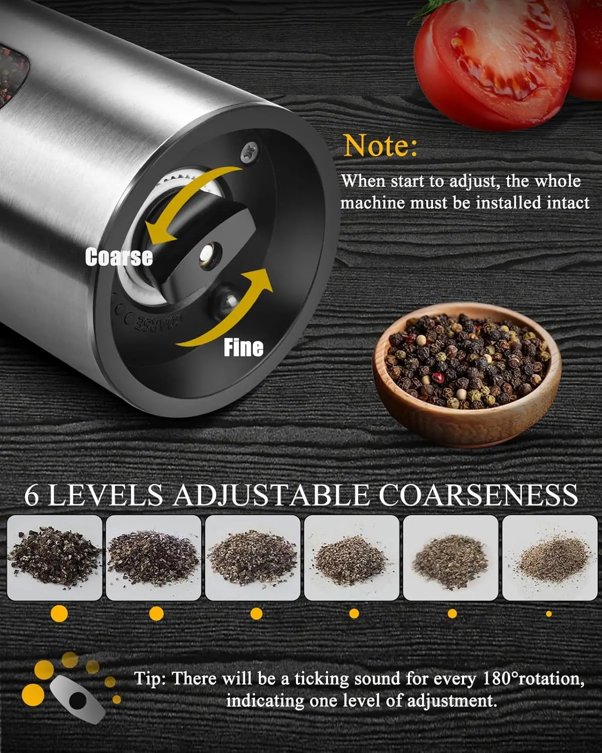 مجموعة مطحنة الملح والفلفل الكهربائية القابلة لإعادة الشحن مع ضوء LED، سعة كبيرة، خشونة قابلة للتعديل للمطبخ والهدايا #3