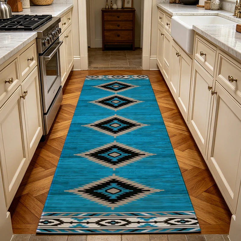 Bohemian Southwestern Runner Rug Turquoise Navajo Diamond Geometric Design Long Hallway Carpet Tribal Style Kitchen Runner Rug for Entryway Bedroom