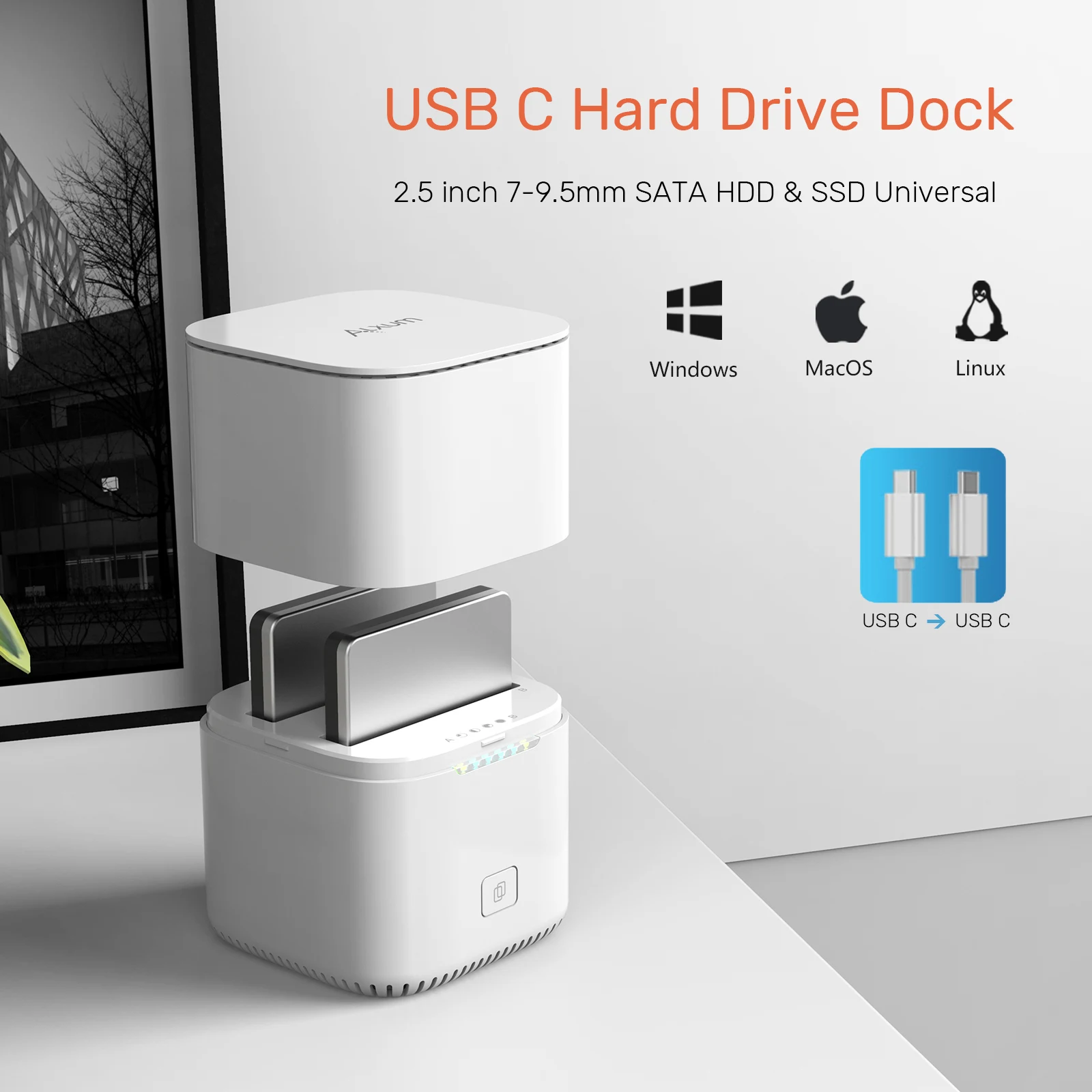 Axlum Dual-Bay SSD Docking Station, Adaptador SATA para USB C 3.0, Clone Offline, 2.5 Disco SSD Case, Caixa de Gabinete de Disco Rígido