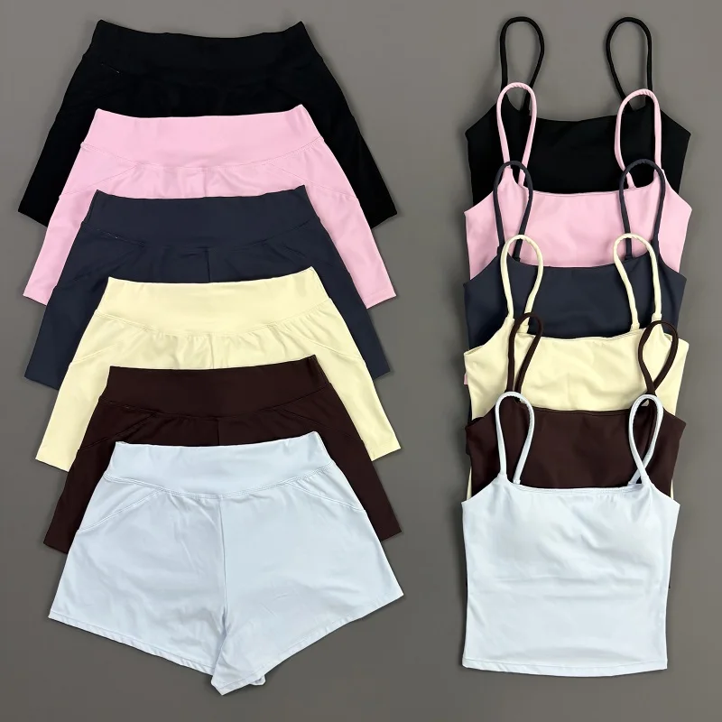 2 Piece Women Workout Set Spaghetti Strap Square Neck Top Breathable Loose Fit Shorts High Stretch Yoga Running Fitness Clothing